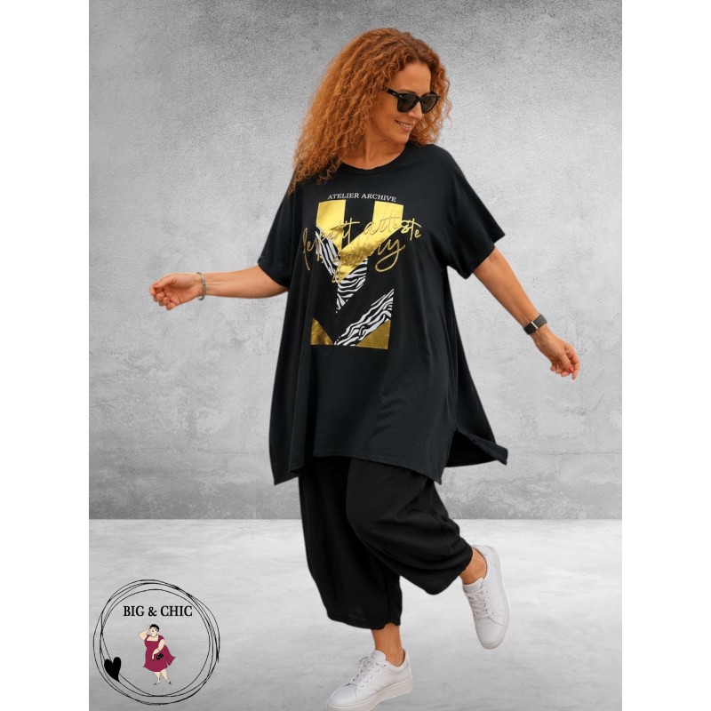 Funky Diva Shirt A-Lijn Zwart/Goud Print