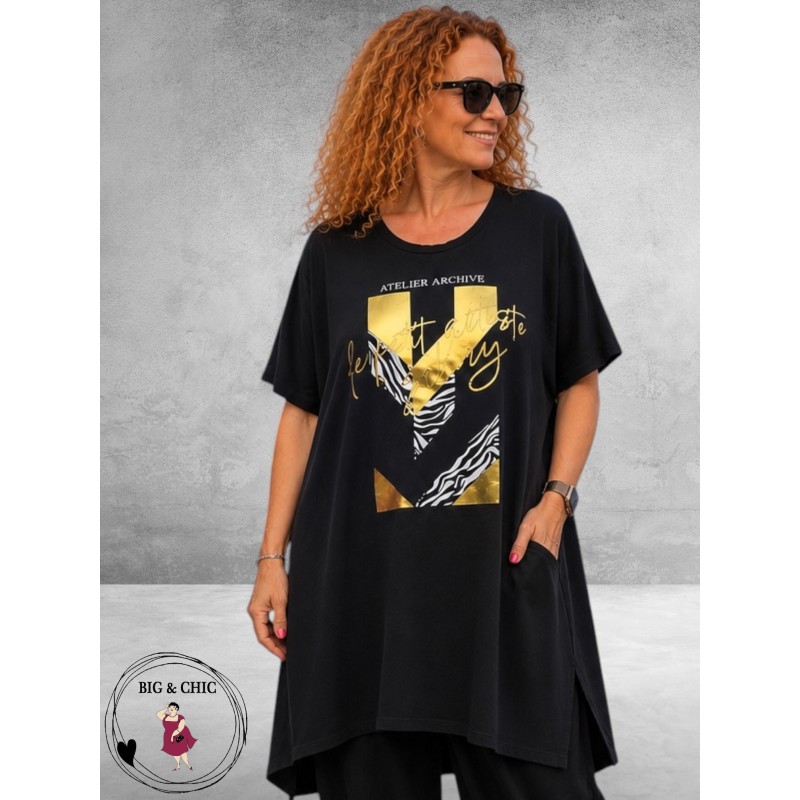 Funky Diva Shirt A-Lijn Zwart/Goud Print