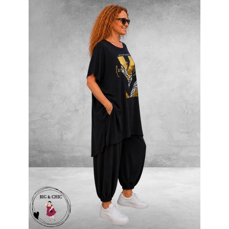 Funky Diva Shirt A-Lijn Zwart/Goud Print