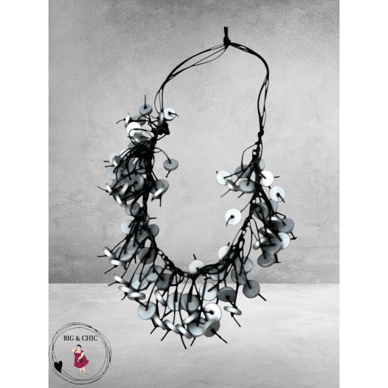 Ketting Zwart/Zilver  Lang Hout/Rondjes