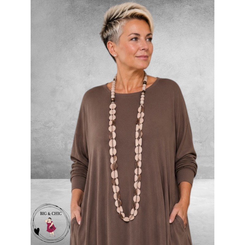 Ketting Lang Hout  Beige Halve Rondjes