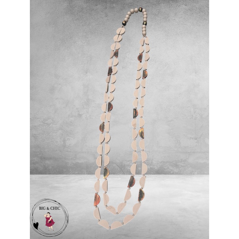 Ketting Lang Hout  Beige Halve Rondjes
