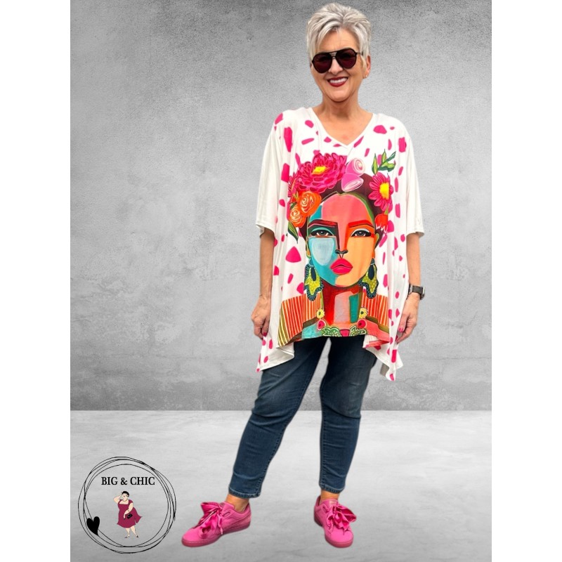 Frenzi  Shirt A-Lijn Frida Kahlo Wit/Pink Uniek