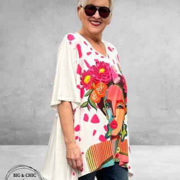 Frenzi  Shirt A-Lijn Frida Kahlo Wit/Pink Uniek
