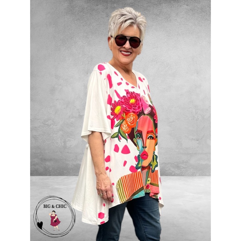 Frenzi  Shirt A-Lijn Frida Kahlo Wit/Pink Uniek