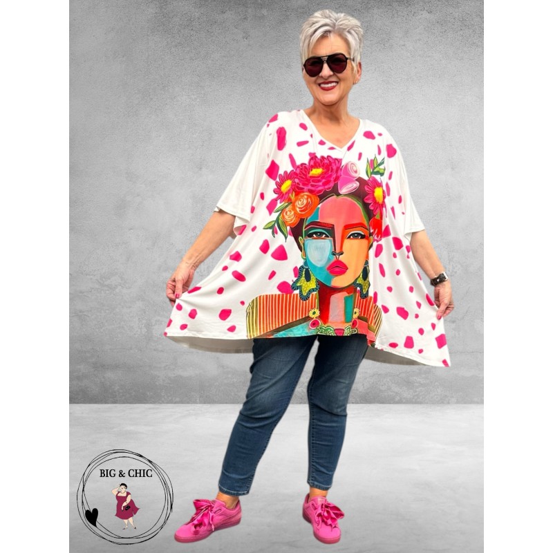 Frenzi  Shirt A-Lijn Frida Kahlo Wit/Pink Uniek