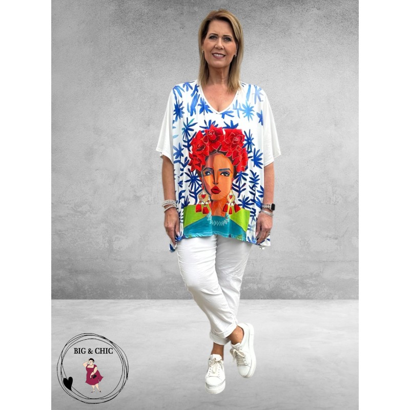 Frenzi  Shirt A-Lijn Frida Kahlo Wit/Blauw Uniek