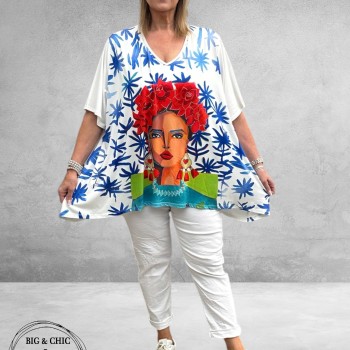 Frenzi  Shirt A-Lijn Frida Kahlo Wit/Blauw Uniek