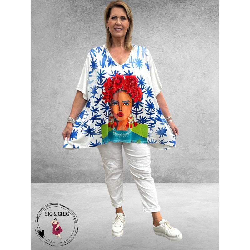 Frenzi  Shirt A-Lijn Frida Kahlo Wit/Blauw Uniek