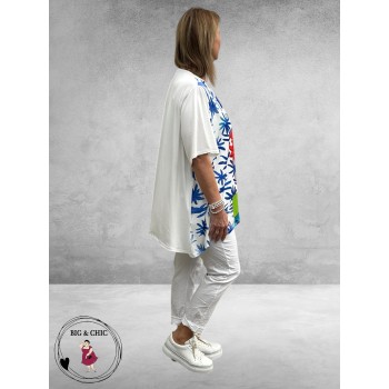 Frenzi  Shirt A-Lijn Frida Kahlo Wit/Blauw Uniek