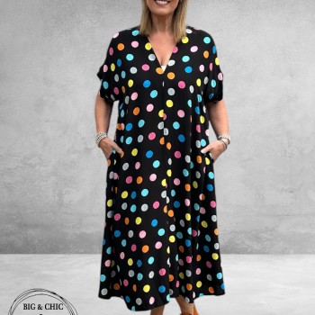 FRENZI Jurk Lang Zwart Kleurrijke Stippen