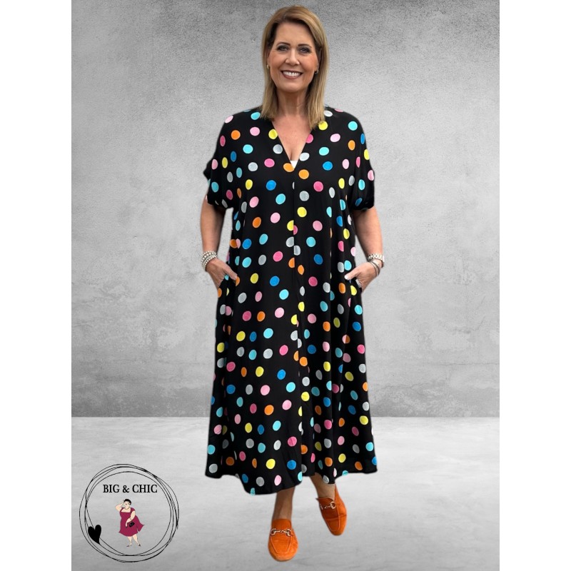 FRENZI Jurk Lang Zwart Kleurrijke Stippen