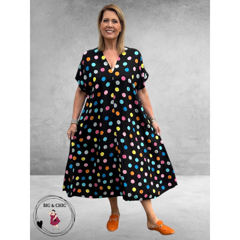 FRENZI Jurk Lang Zwart Kleurrijke Stippen