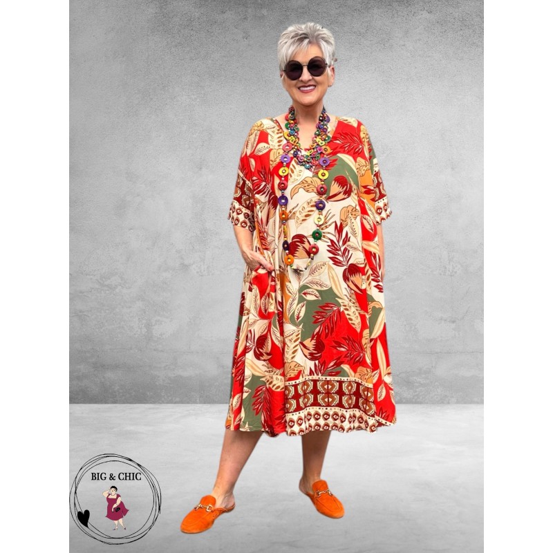 Frenzi Jurk A-Lijn Florale Print Rood/Beige