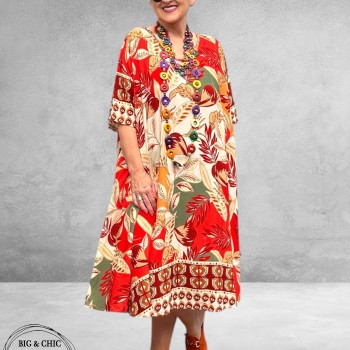 Frenzi Jurk A-Lijn Florale Print Rood/Beige