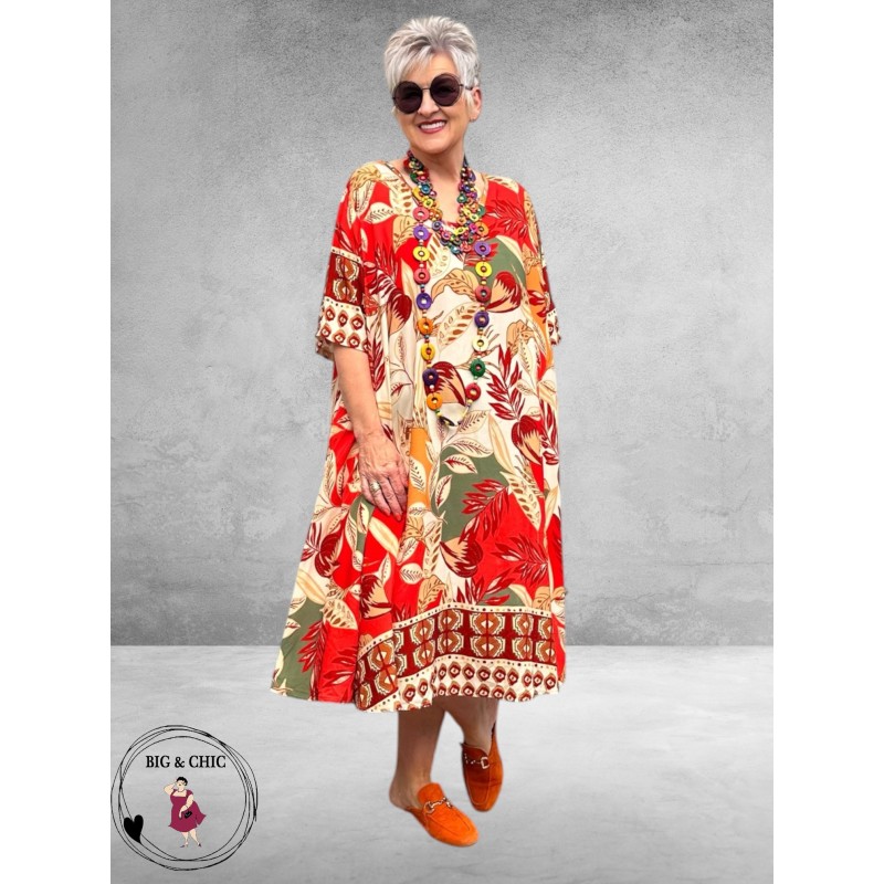 Frenzi Jurk A-Lijn Florale Print Rood/Beige