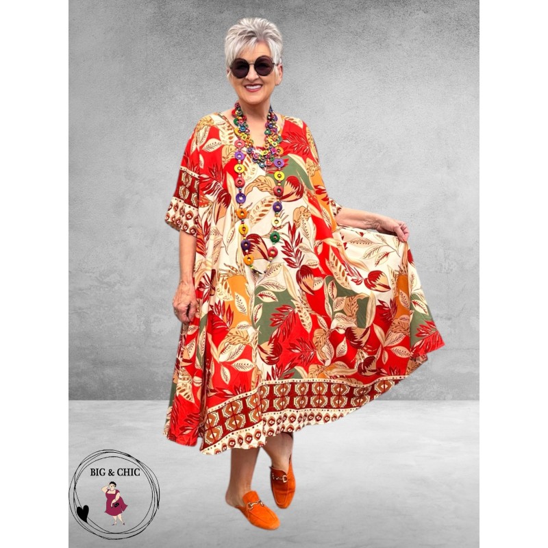 Frenzi Jurk A-Lijn Florale Print Rood/Beige