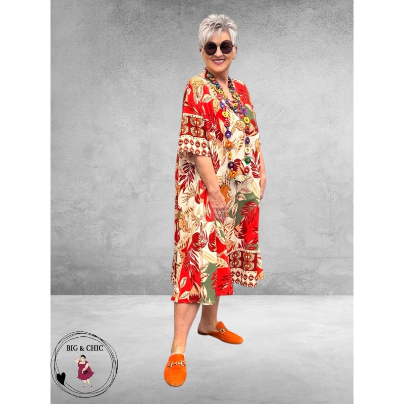 Frenzi Jurk A-Lijn Florale Print Rood/Beige