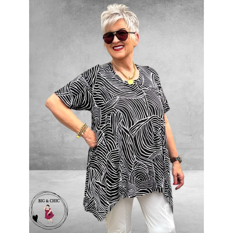 Frenzi Shirt A-Lijn Zwart/Wit Grafische Print