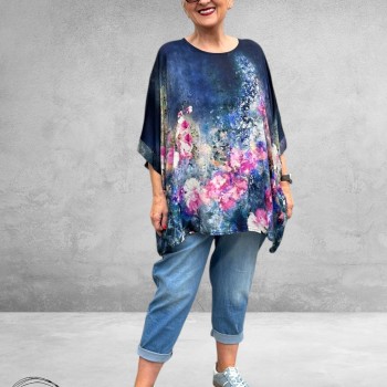 Frenzi Shirt Oversized Kunstzinnige Bloemenprint blauw