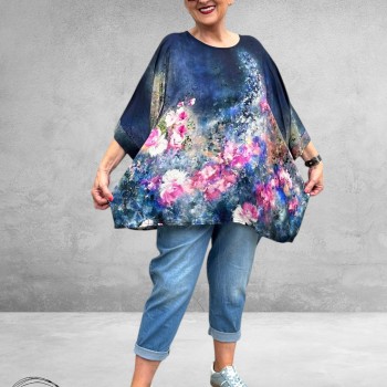 Frenzi Shirt Oversized Kunstzinnige Bloemenprint blauw