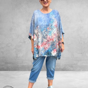 Frenzi Shirt Oversized Kunstzinnige Bloemenprint lichtblauw