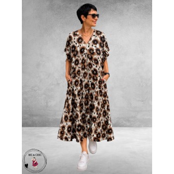 FRENZI Jurk Lang Bruin/Creme/Zwart