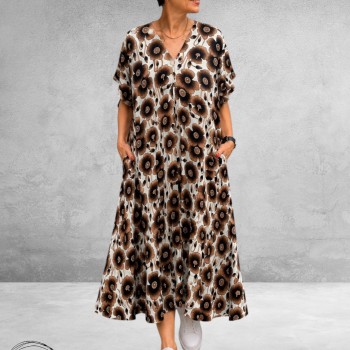 FRENZI Jurk Lang Bruin/Creme/Zwart