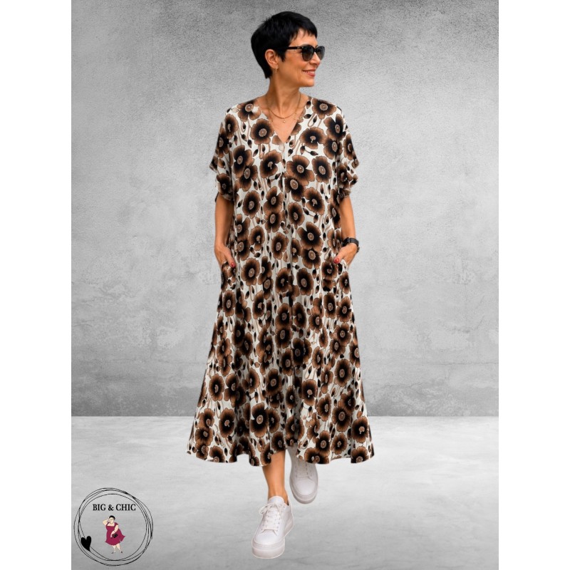 FRENZI Jurk Lang Bruin/Creme/Zwart
