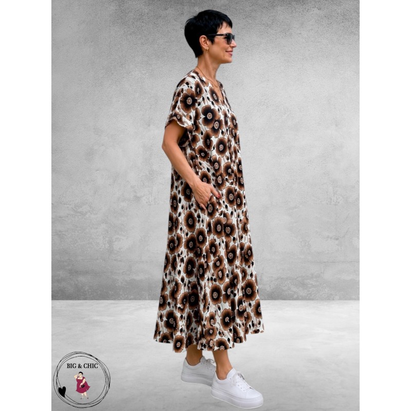 FRENZI Jurk Lang Bruin/Creme/Zwart