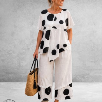 Frenzi Tweedeelige Pak Wit/Zwart Polkadots
