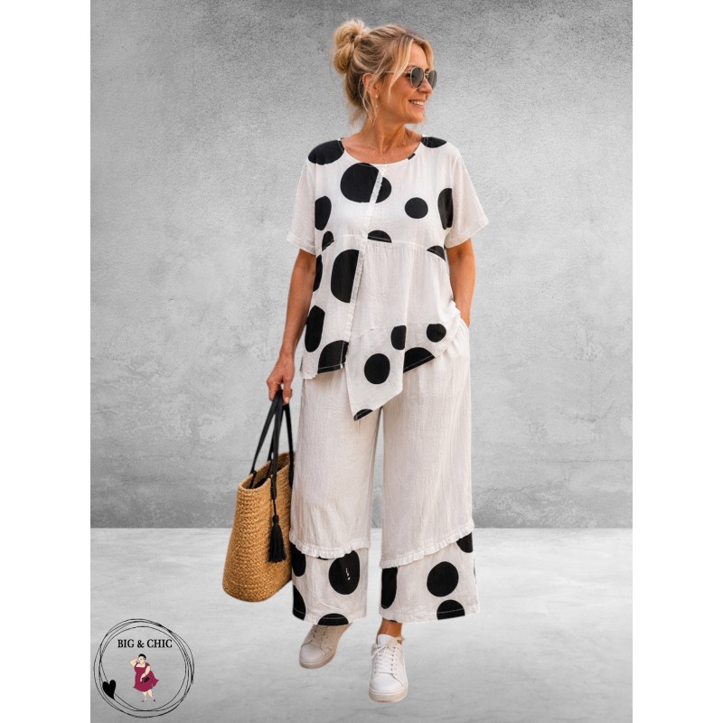 Frenzi Tweedeelige Pak Wit/Zwart Polkadots
