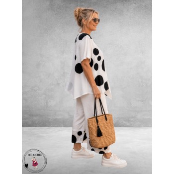 Frenzi Tweedeelige Pak Wit/Zwart Polkadots