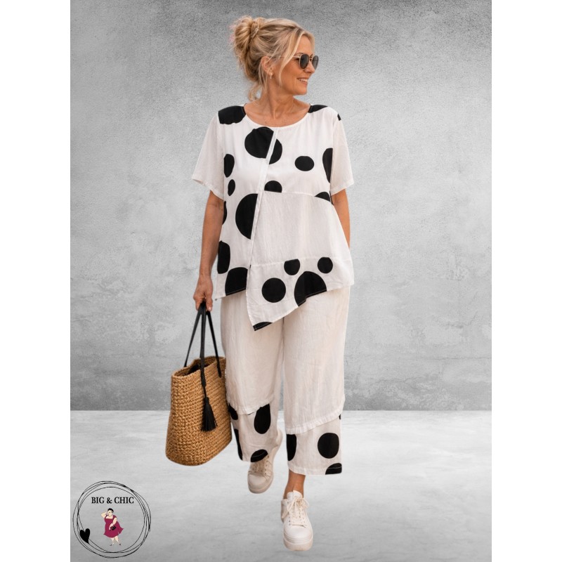 Frenzi Tweedeelige Pak Wit/Zwart Polkadots