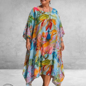 Frenzi Jurk/Kaftan Lichtblauw Multi Flowers