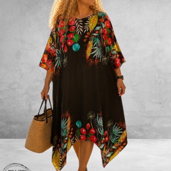 Frenzi Jurk/Kaftan Zwart Multi Flowers