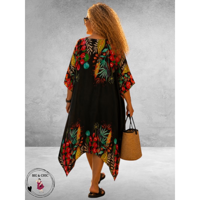 Frenzi Jurk/Kaftan Zwart Multi Flowers