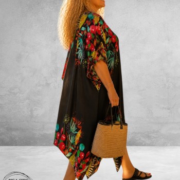 Frenzi Jurk/Kaftan Zwart Multi Flowers