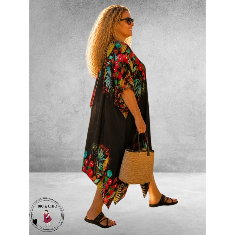 Frenzi Jurk/Kaftan Zwart Multi Flowers