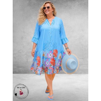 Frenzi Ibiza Jurk Blauw/Multi Flowers-Leo