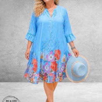 Frenzi Ibiza Jurk Blauw/Multi Flowers-Leo