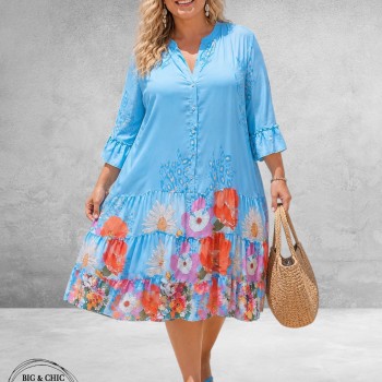 Frenzi Ibiza Jurk Blauw/Multi Flowers-Leo