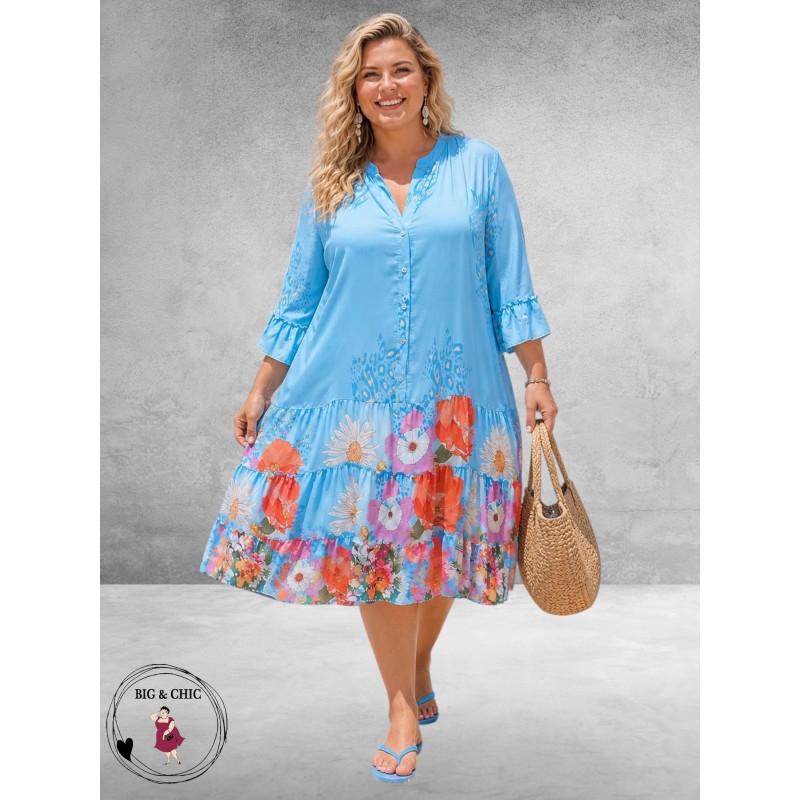 Frenzi Ibiza Jurk Blauw/Multi Flowers-Leo