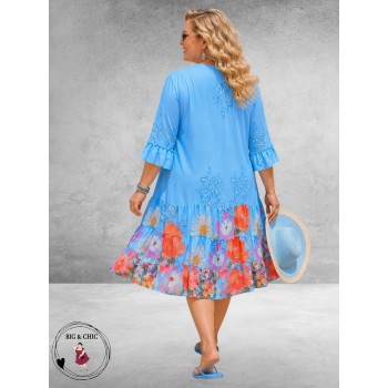 Frenzi Ibiza Jurk Blauw/Multi Flowers-Leo