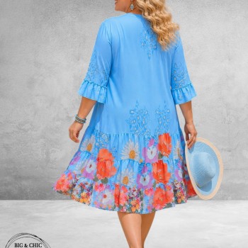 Frenzi Ibiza Jurk Blauw/Multi Flowers-Leo