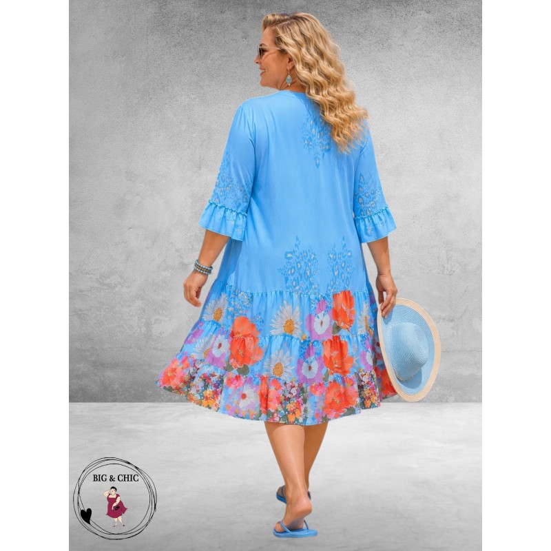 Frenzi Ibiza Jurk Blauw/Multi Flowers-Leo