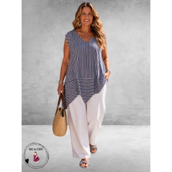 Frenzi Top Streppen Jeansblauw-Wit
