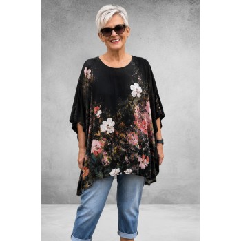 Frenzi Shirt Oversized Kunstzinnige Bloemenprint Zwart