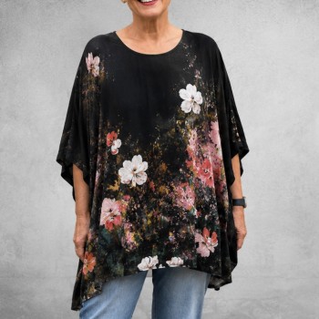 Frenzi Shirt Oversized Kunstzinnige Bloemenprint Zwart