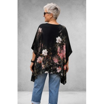 Frenzi Shirt Oversized Kunstzinnige Bloemenprint Zwart